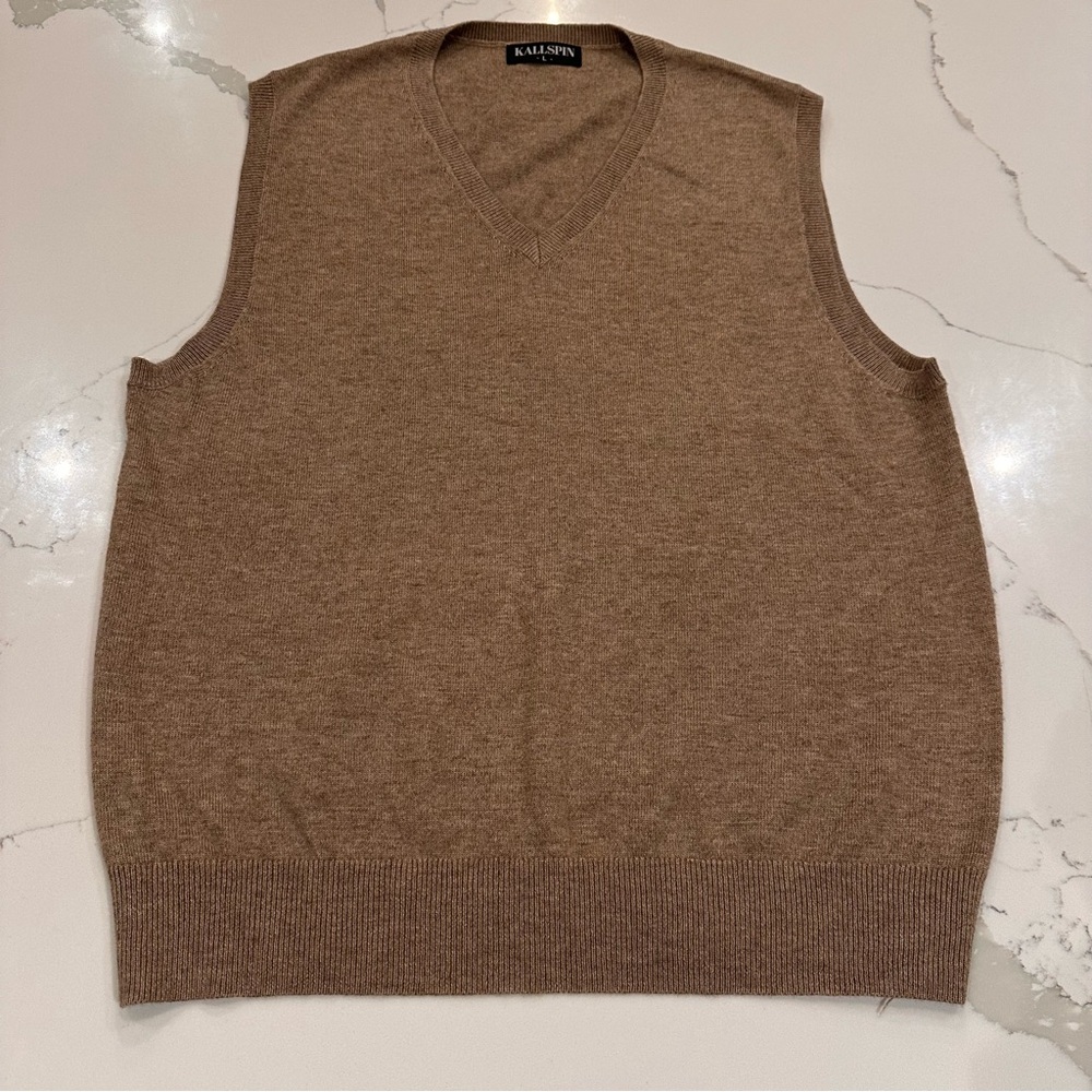 Kallspin Sweater Vest Wool Cashmere Blend Mens L Beige Preppy Career Minimalist